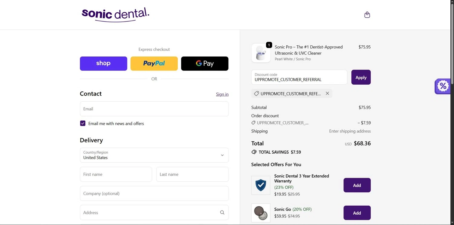 Sonic Dental promo code screenshot showing code UPPROMOTE_CUSTOMER_REFERRAL applied at Sonic Dental checkout page. Uploaded by SimplyCodes community member Depressive on Dec 22, 2025