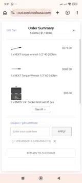 CHECKOUT15 coupon verification screenshot