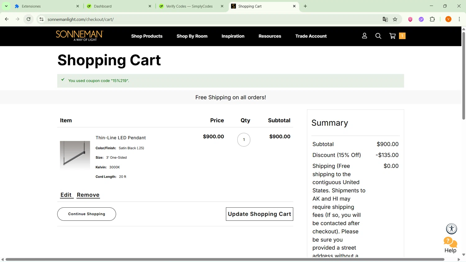 SONNEMAN checkout page showing SONNEMAN promo code box | Screenshot taken by SimplyCodes community member on Oct 27, 2025
