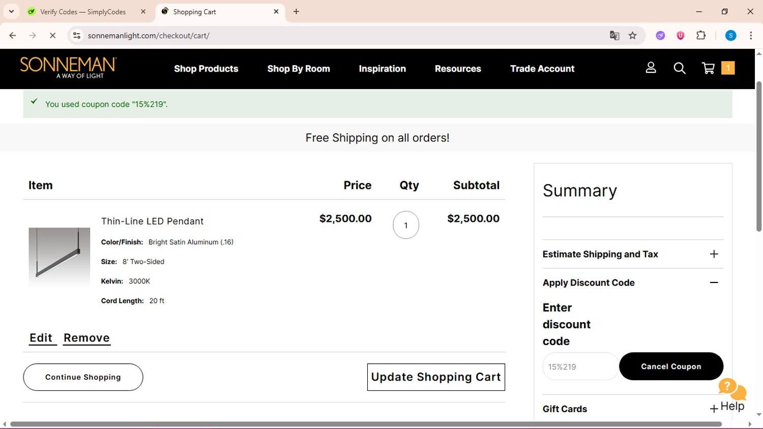 SONNEMAN checkout page showing SONNEMAN promo code box | Screenshot taken by SimplyCodes community member on Oct 27, 2025