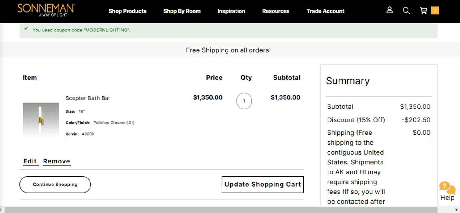 SONNEMAN promo code screenshot showing code MODERNLIGHTING applied at SONNEMAN checkout page. Uploaded by SimplyCodes community member Franyer12 on Mar 1, 2025