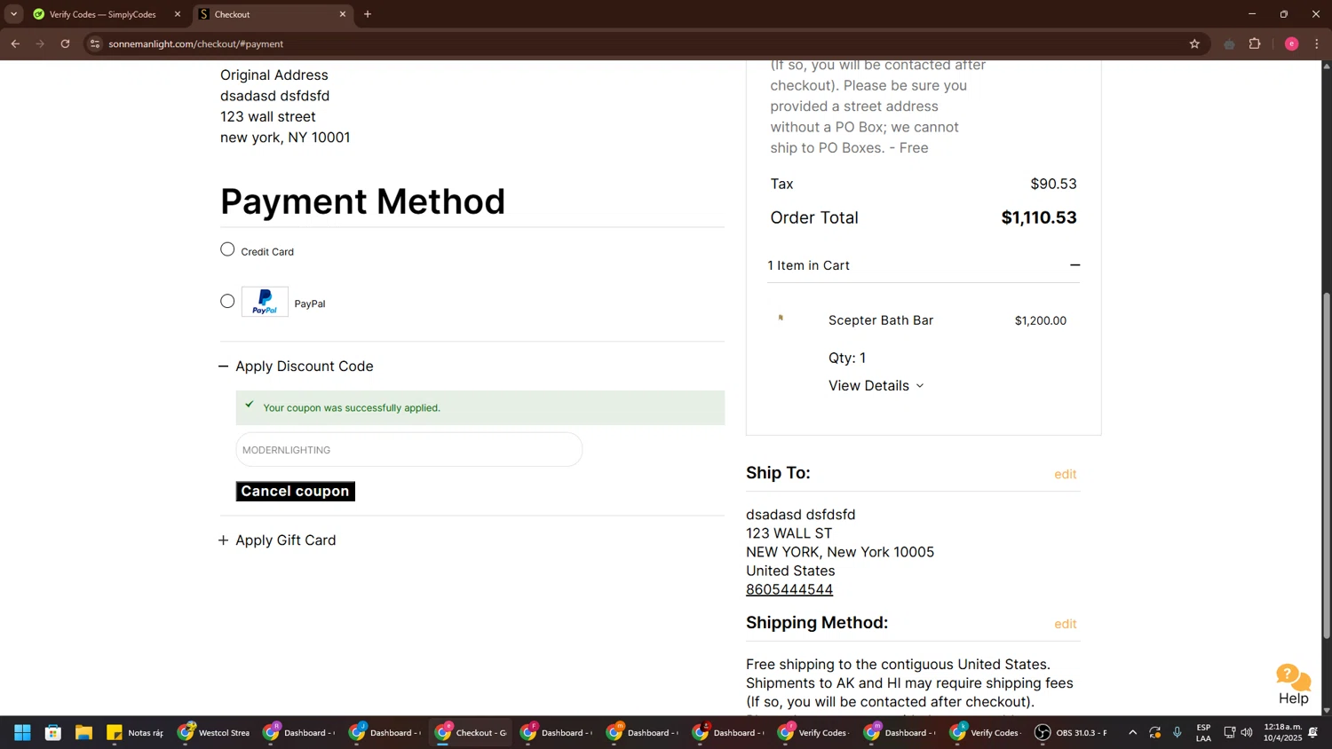 SONNEMAN promo code screenshot showing code MODERNLIGHTING applied at SONNEMAN checkout page. Uploaded by SimplyCodes community member TreasureWarden457 on Apr 10, 2025