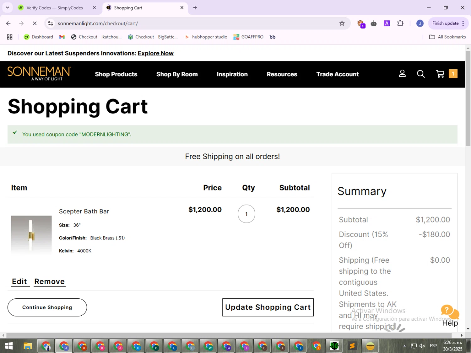 SONNEMAN promo code screenshot showing code MODERNLIGHTING applied at SONNEMAN checkout page. Uploaded by SimplyCodes community member VoucherLegend6452 on Mar 30, 2025