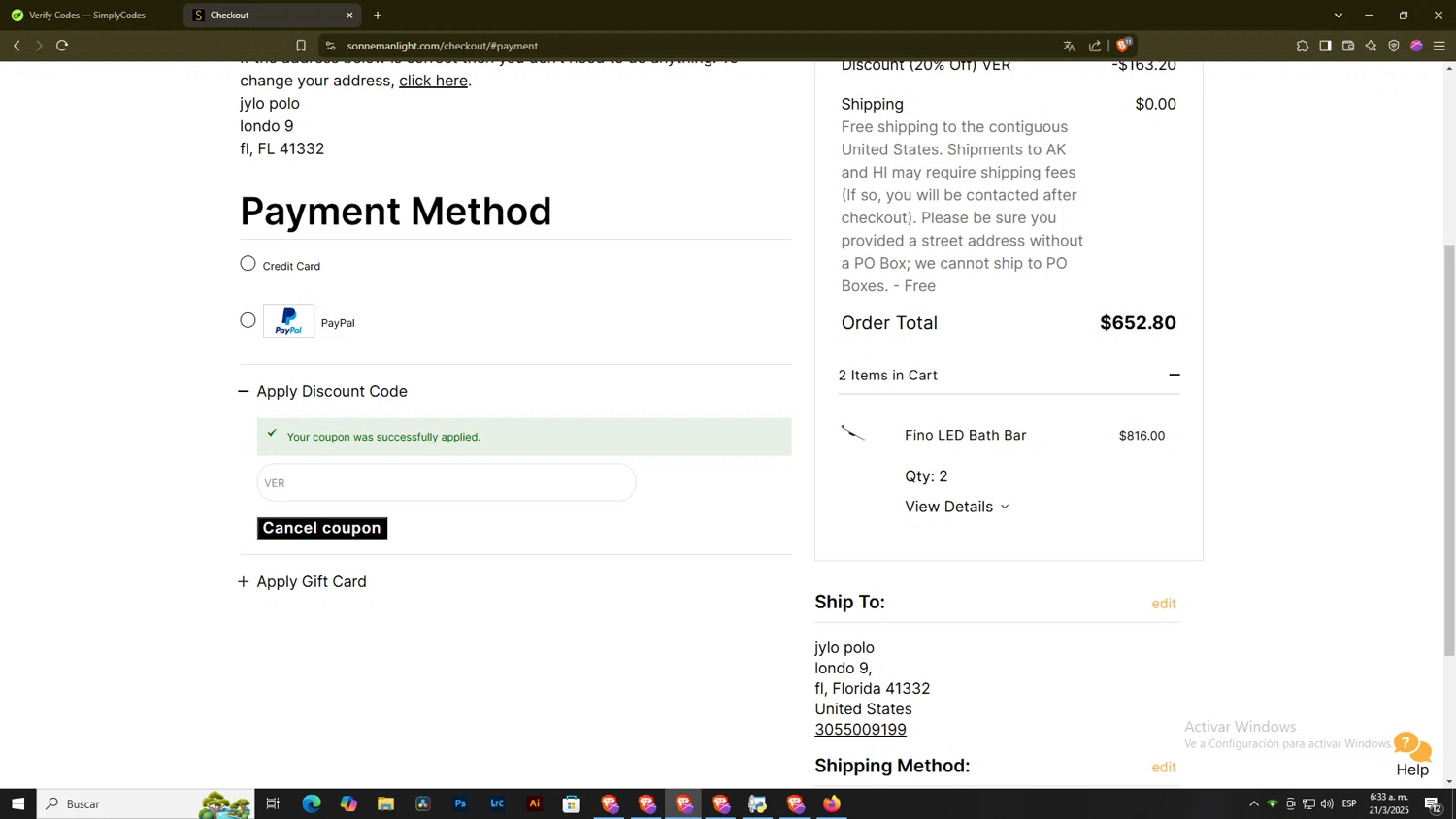 SONNEMAN promo code screenshot showing code VER applied at SONNEMAN checkout page. Uploaded by SimplyCodes community member DiscountExpert556 on Mar 21, 2025