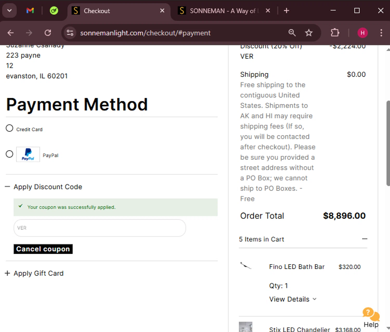 SONNEMAN promo code screenshot showing code VER applied at SONNEMAN checkout page. Uploaded by SimplyCodes community member RewardWarden8289 on Mar 21, 2025