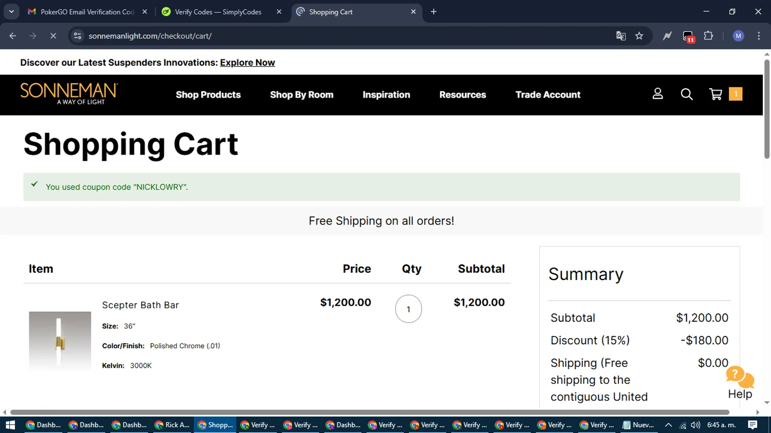 SONNEMAN promo code screenshot showing code NICKLOWRY applied at SONNEMAN checkout page. Uploaded by SimplyCodes community member PrimeFox5260 on Mar 26, 2025