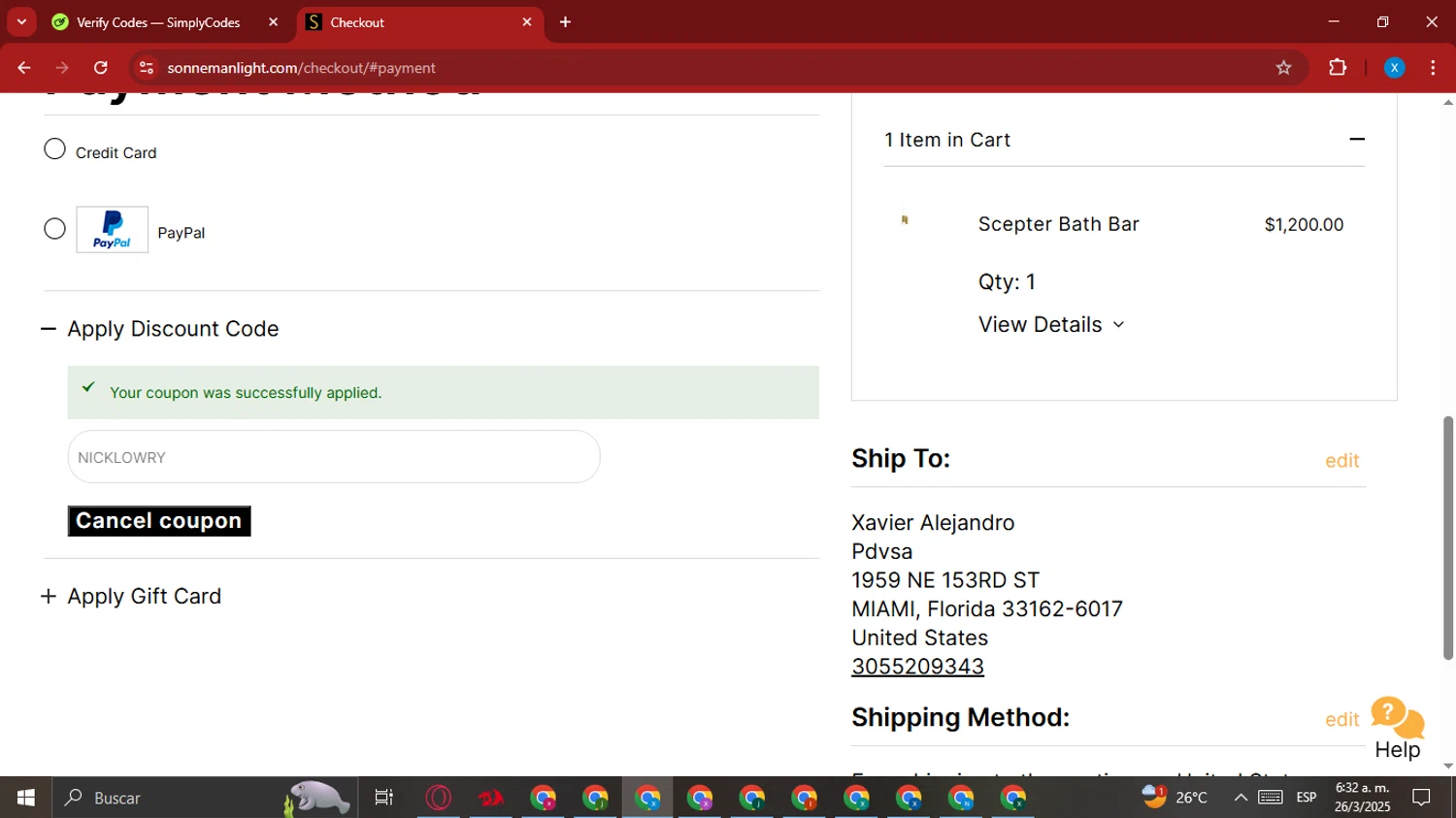 SONNEMAN promo code screenshot showing code NICKLOWRY applied at SONNEMAN checkout page. Uploaded by SimplyCodes community member ValueHawk9995 on Mar 26, 2025