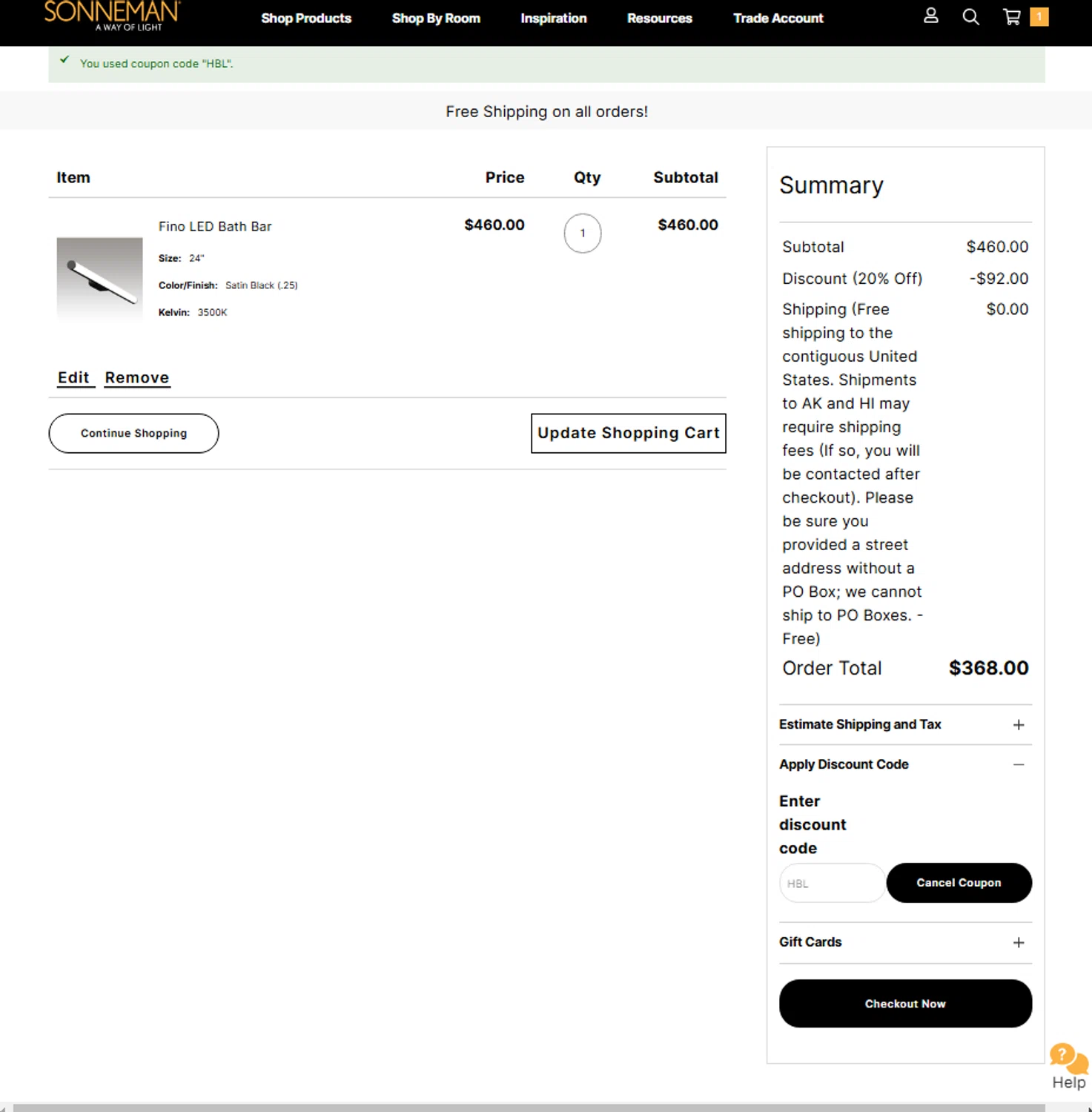 SONNEMAN promo code screenshot showing code HBL applied at SONNEMAN checkout page. Uploaded by SimplyCodes community member ElonMusk on Jan 31, 2025