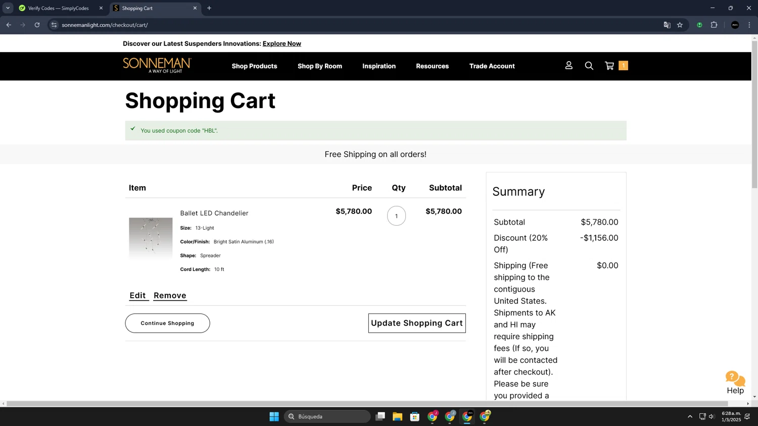 SONNEMAN promo code screenshot showing code HBL applied at SONNEMAN checkout page. Uploaded by SimplyCodes community member JoseLocoHugo on Mar 1, 2025