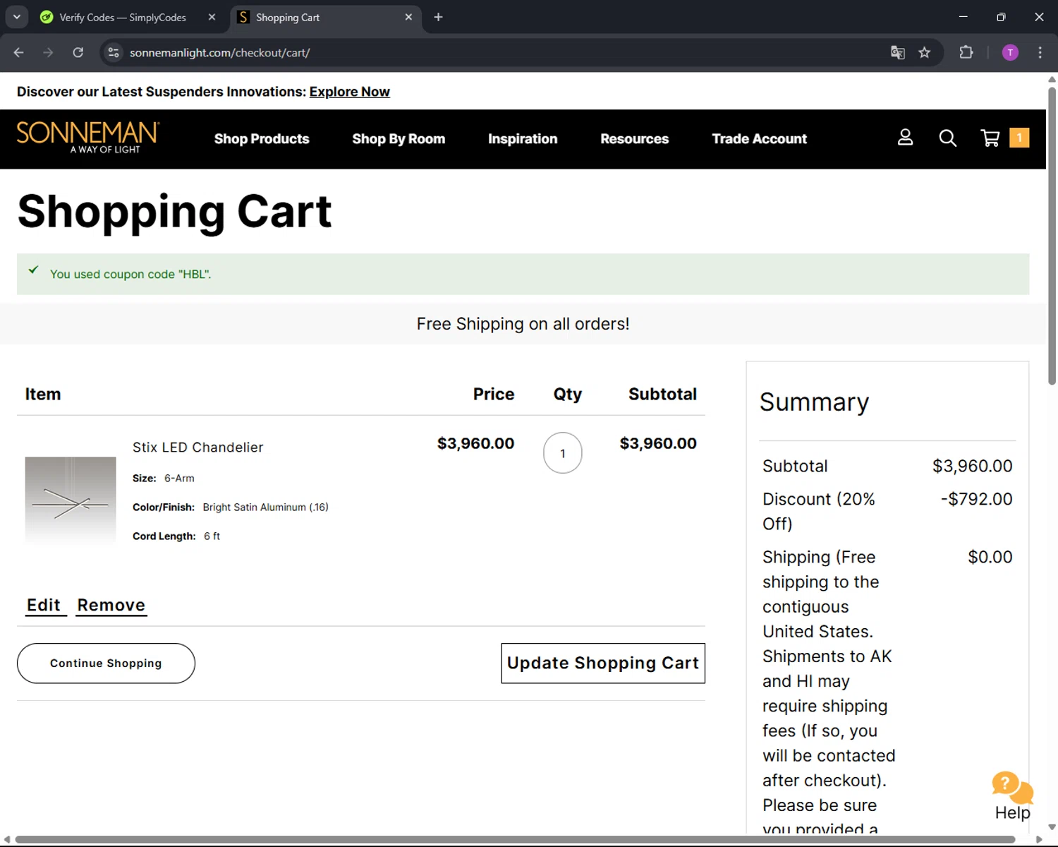 SONNEMAN promo code screenshot showing code HBL applied at SONNEMAN checkout page. Uploaded by SimplyCodes community member CleverFinder9623 on Mar 30, 2025