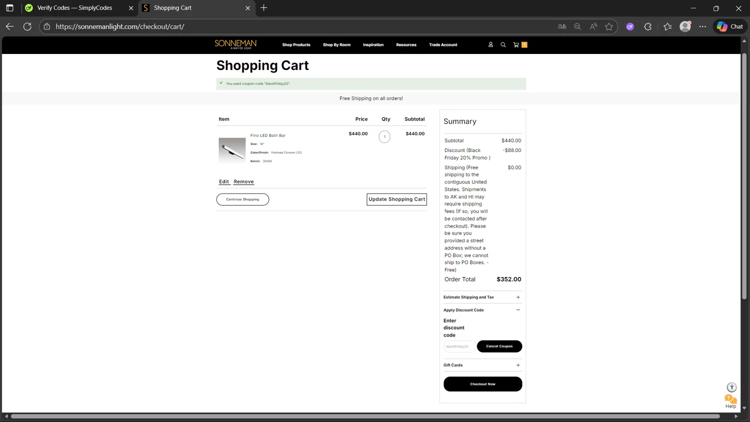 SONNEMAN checkout page showing SONNEMAN promo code box | Screenshot taken by SimplyCodes community member on Nov 21, 2025