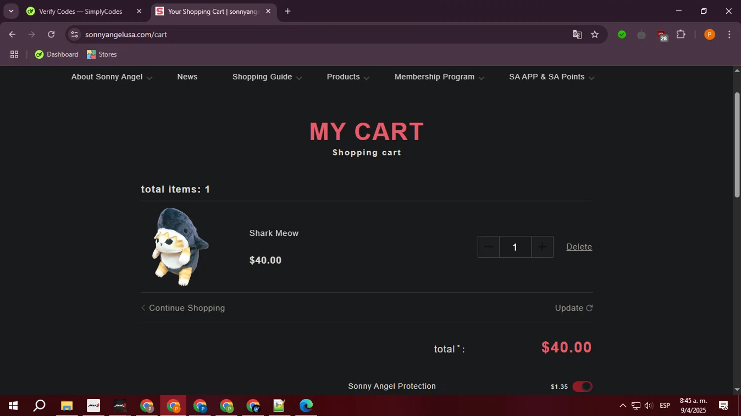 Sonny Angel USA discount code screenshot showing code BIRTHDAY0524 applied at Sonny Angel USA checkout page. Uploaded by SimplyCodes community member ValiantLegend7294 on Apr 9, 2025