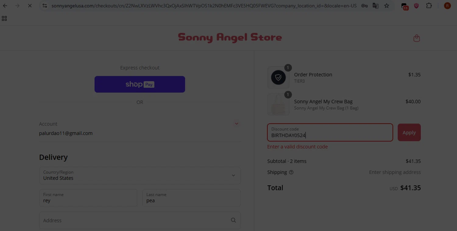 Sonny Angel USA discount code screenshot showing code BIRTHDAY0524 applied at Sonny Angel USA checkout page. Uploaded by SimplyCodes community member ShieldMonarch1065 on Jun 16, 2025
