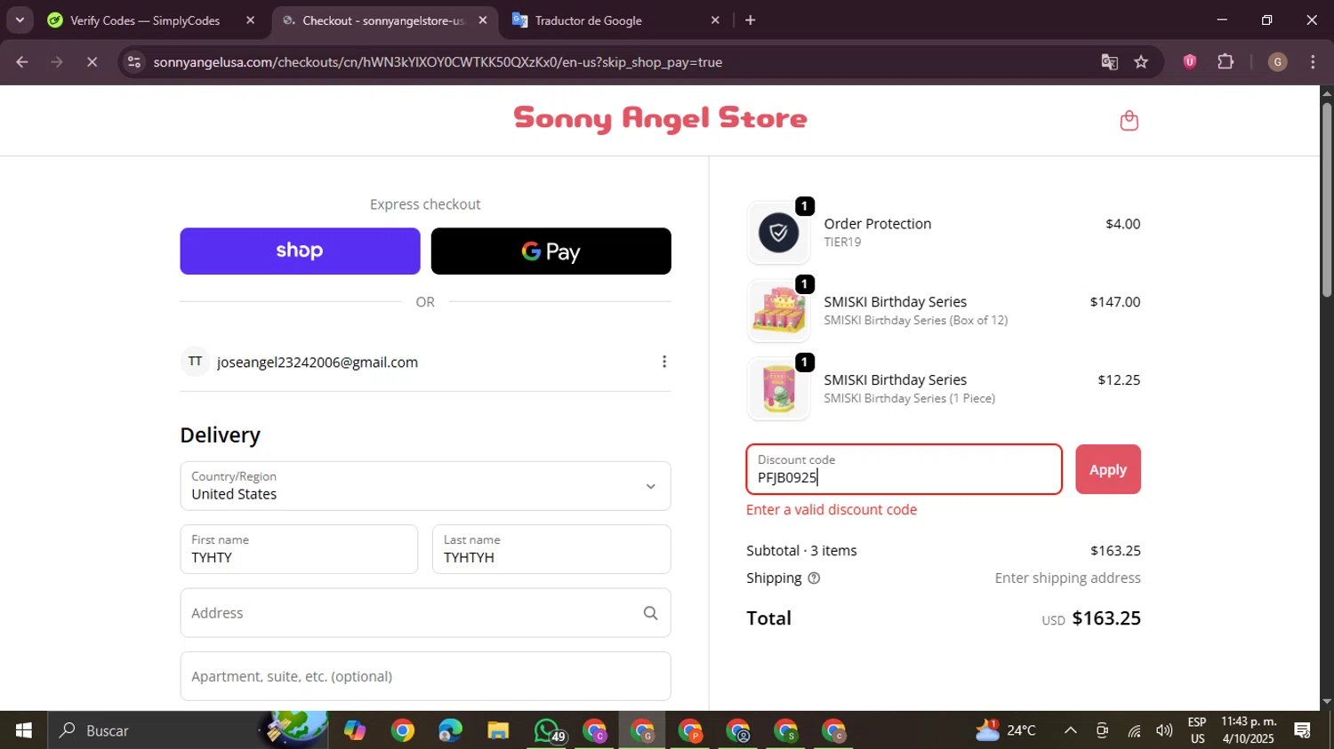 Sonny Angel USA discount code screenshot showing code PFJB0925 applied at Sonny Angel USA checkout page. Uploaded by SimplyCodes community member BrilliantTracker4207 on Oct 5, 2025