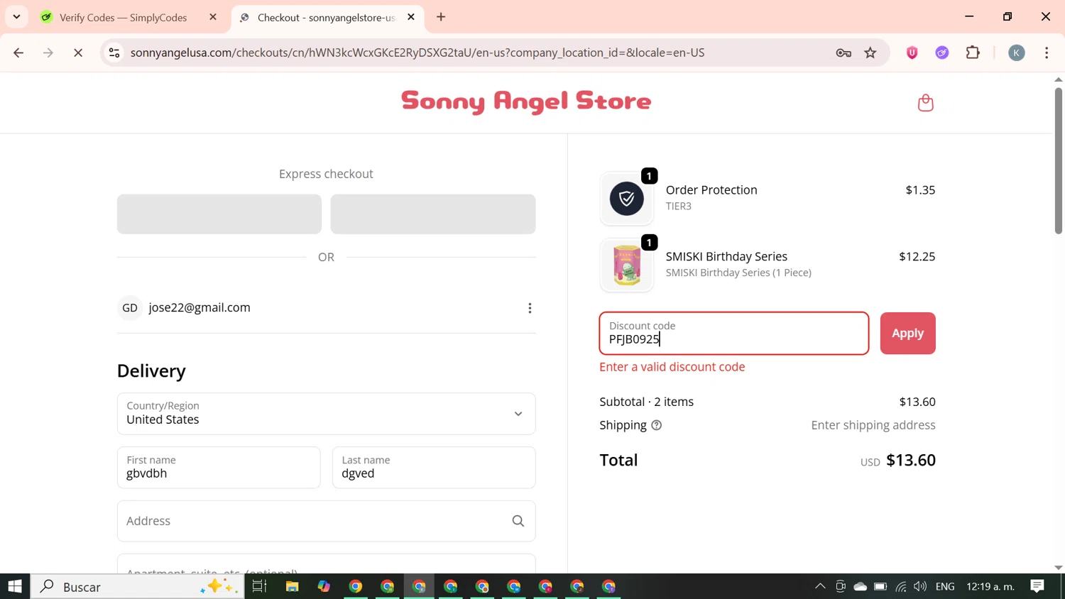 Sonny Angel USA discount code screenshot showing code PFJB0925 applied at Sonny Angel USA checkout page. Uploaded by SimplyCodes community member SavingsBoss9912 on Oct 5, 2025
