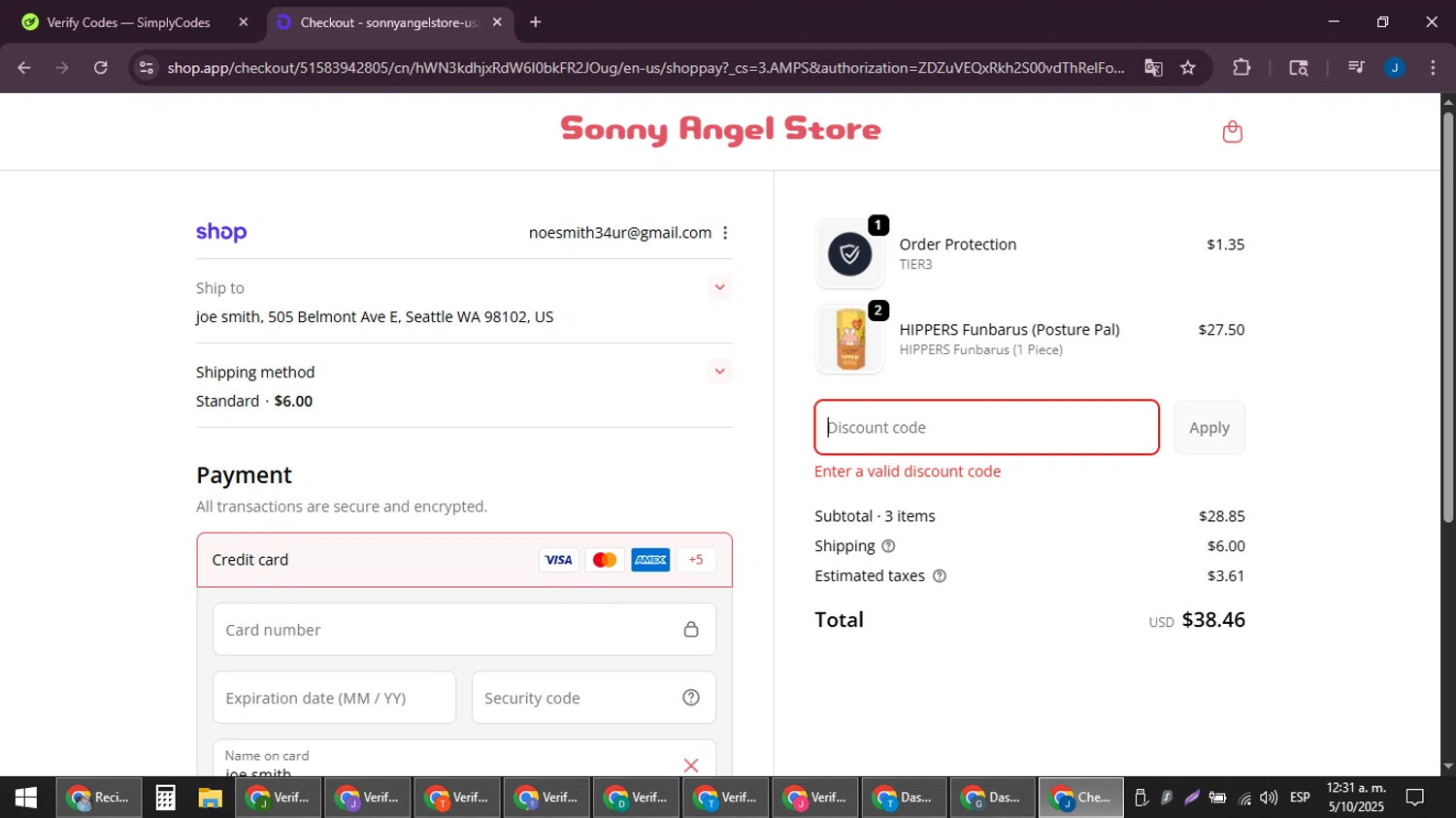 Sonny Angel USA discount code screenshot showing code PFJB0925 applied at Sonny Angel USA checkout page. Uploaded by SimplyCodes community member noesmith34ur on Oct 5, 2025