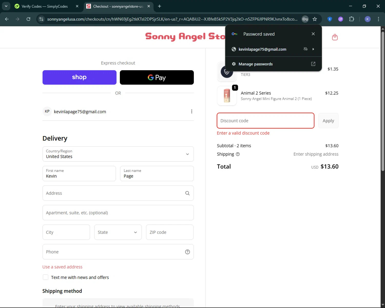 Sonny Angel USA discount code screenshot showing code HZHB1125 applied at Sonny Angel USA checkout page. Uploaded by SimplyCodes community member KevLapage on Dec 7, 2025