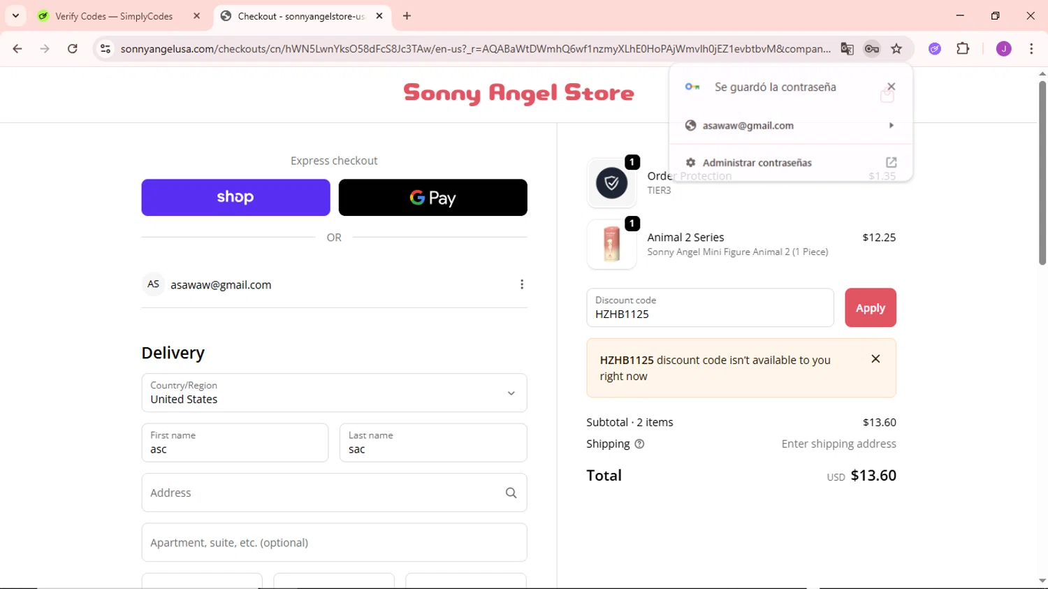 Sonny Angel USA discount code screenshot showing code HZHB1125 applied at Sonny Angel USA checkout page. Uploaded by SimplyCodes community member NobleSaver3560 on Nov 16, 2025