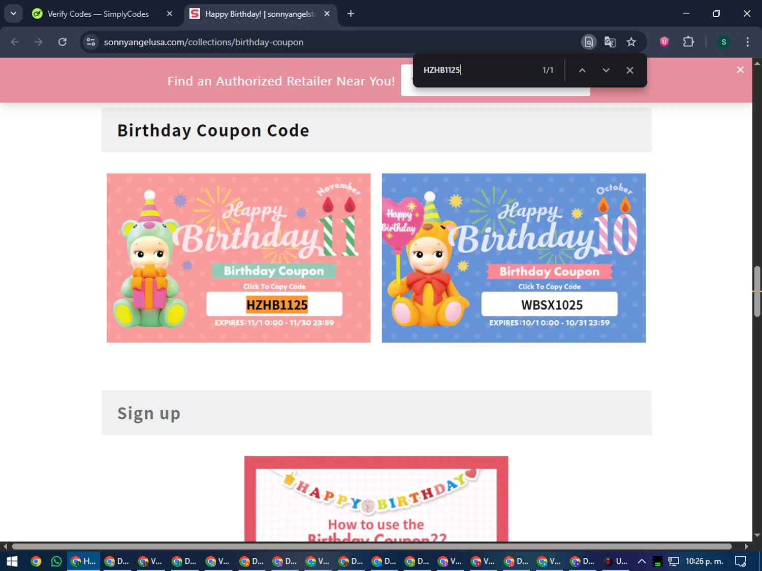 Sonny Angel USA discount code screenshot showing code HZHB1125 applied at Sonny Angel USA checkout page. Uploaded by SimplyCodes community member lilMosey on Nov 13, 2025