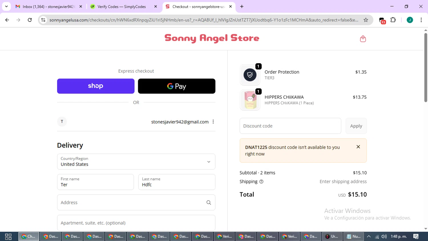 Sonny Angel USA checkout page showing Sonny Angel USA discount code box | Screenshot taken by SimplyCodes community member on Dec 28, 2025