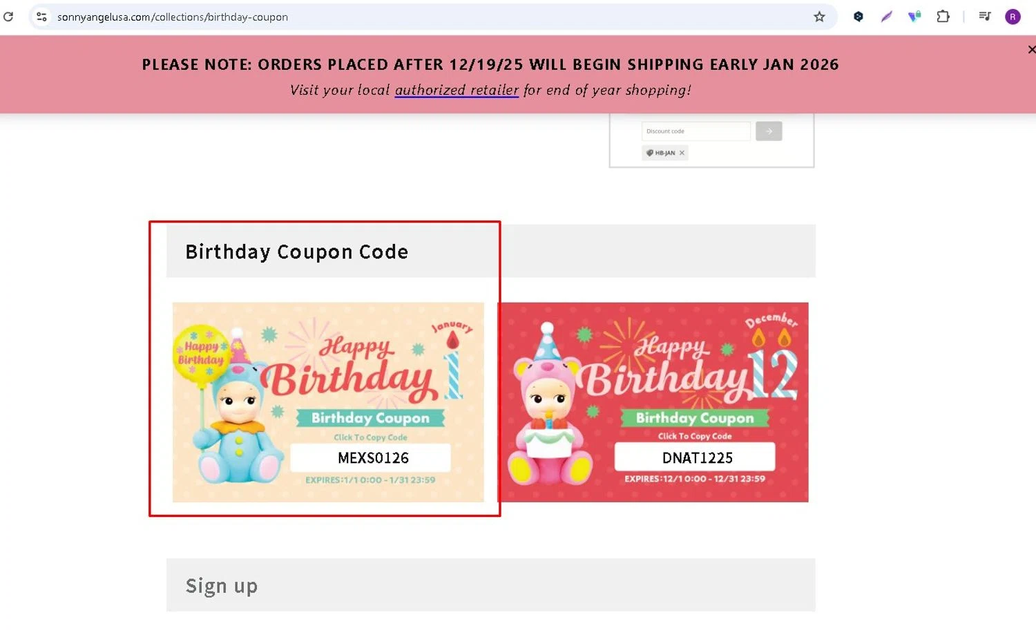 Sonny Angel USA discount code screenshot showing code MEXS0126 applied at Sonny Angel USA checkout page. Uploaded by SimplyCodes community member LAMINEJAMAL on Jan 4, 2026