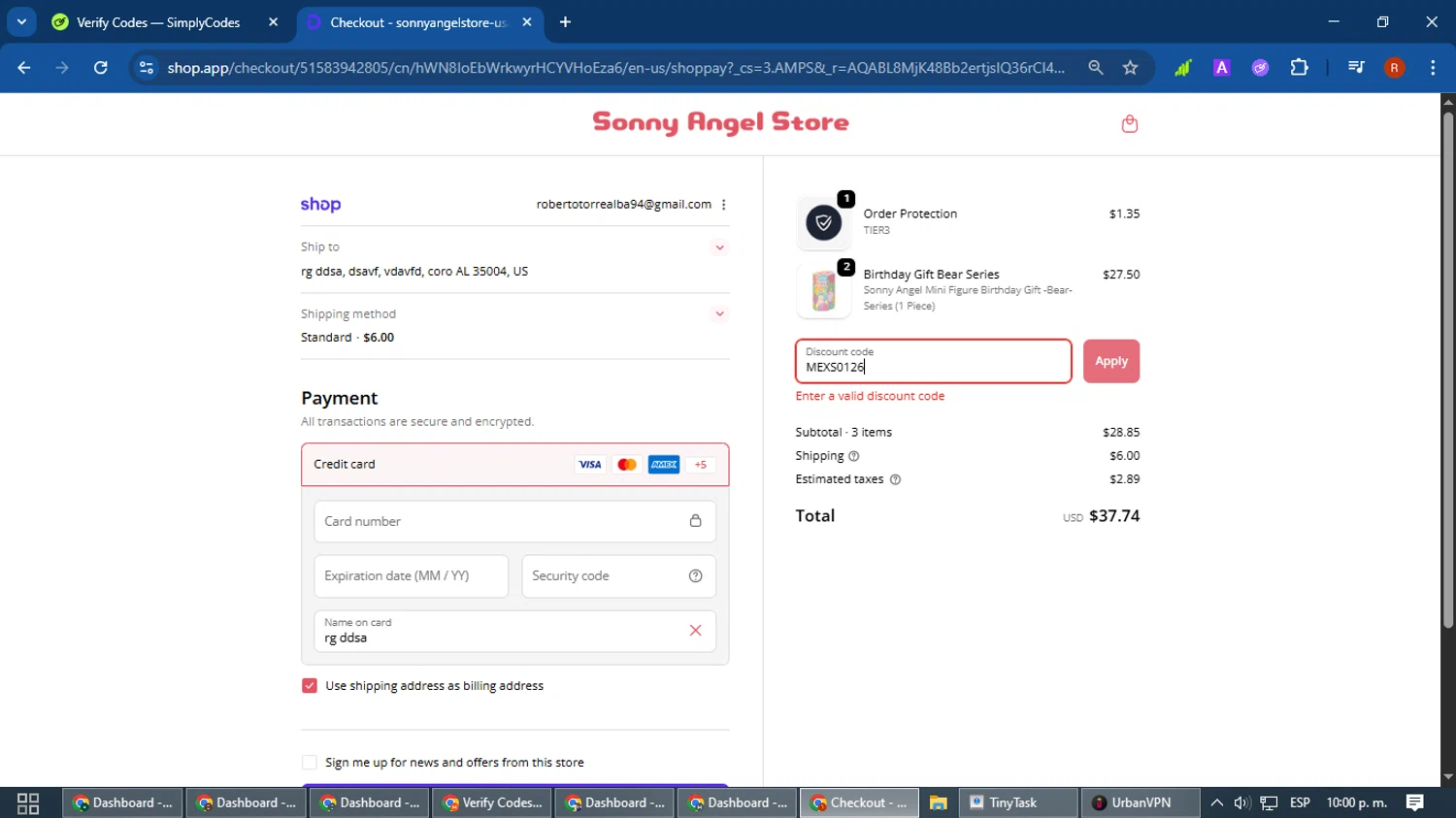 Sonny Angel USA discount code screenshot showing code MEXS0126 applied at Sonny Angel USA checkout page. Uploaded by SimplyCodes community member robertotorrealba on Feb 2, 2026