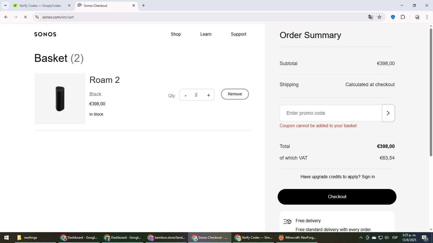 Sonos coupon code screenshot showing code AMZN15 applied at Sonos checkout page. Uploaded by SimplyCodes community member MightyLegend6657 on Aug 13, 2025