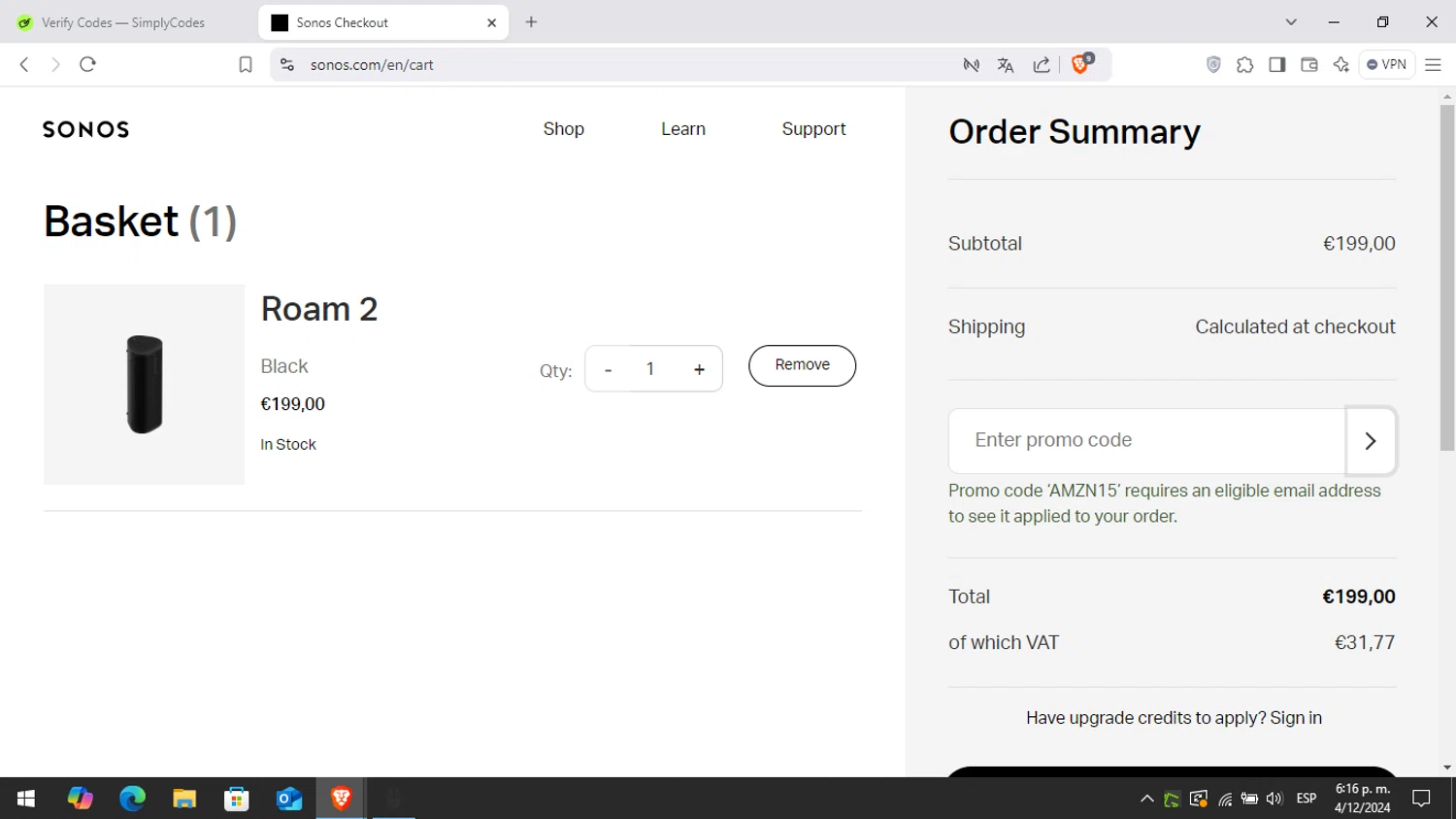 Sonos checkout page showing Sonos coupon code box | Screenshot taken by SimplyCodes community member on Dec 4, 2024