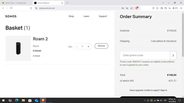 Sonos checkout page showing Sonos coupon code box | Screenshot taken by SimplyCodes community member on Dec 4, 2024