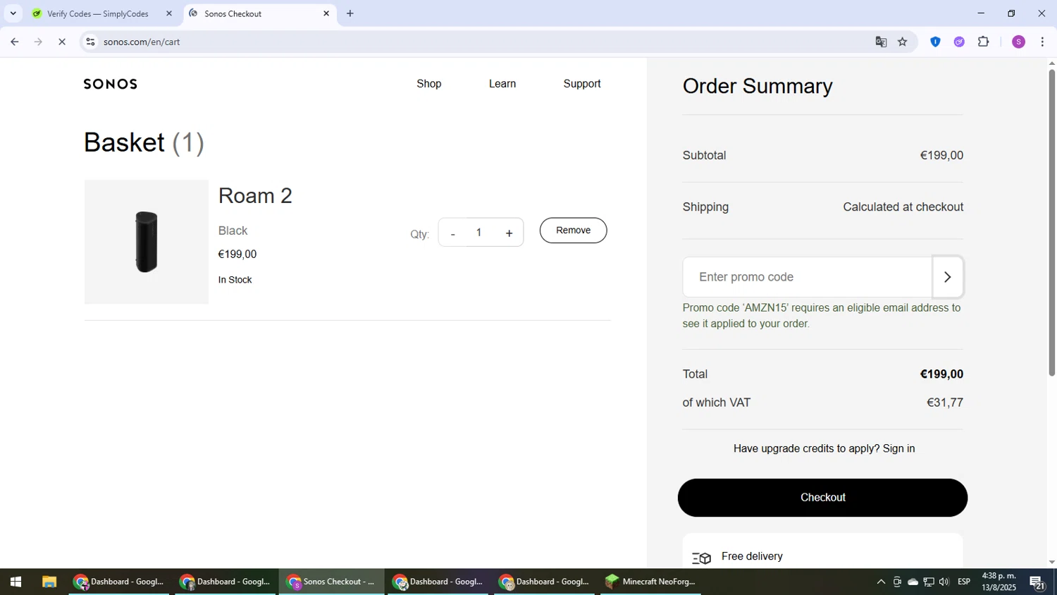 Sonos coupon code screenshot showing code AMZN15 applied at Sonos checkout page. Uploaded by SimplyCodes community member Son_Goku on Aug 13, 2025
