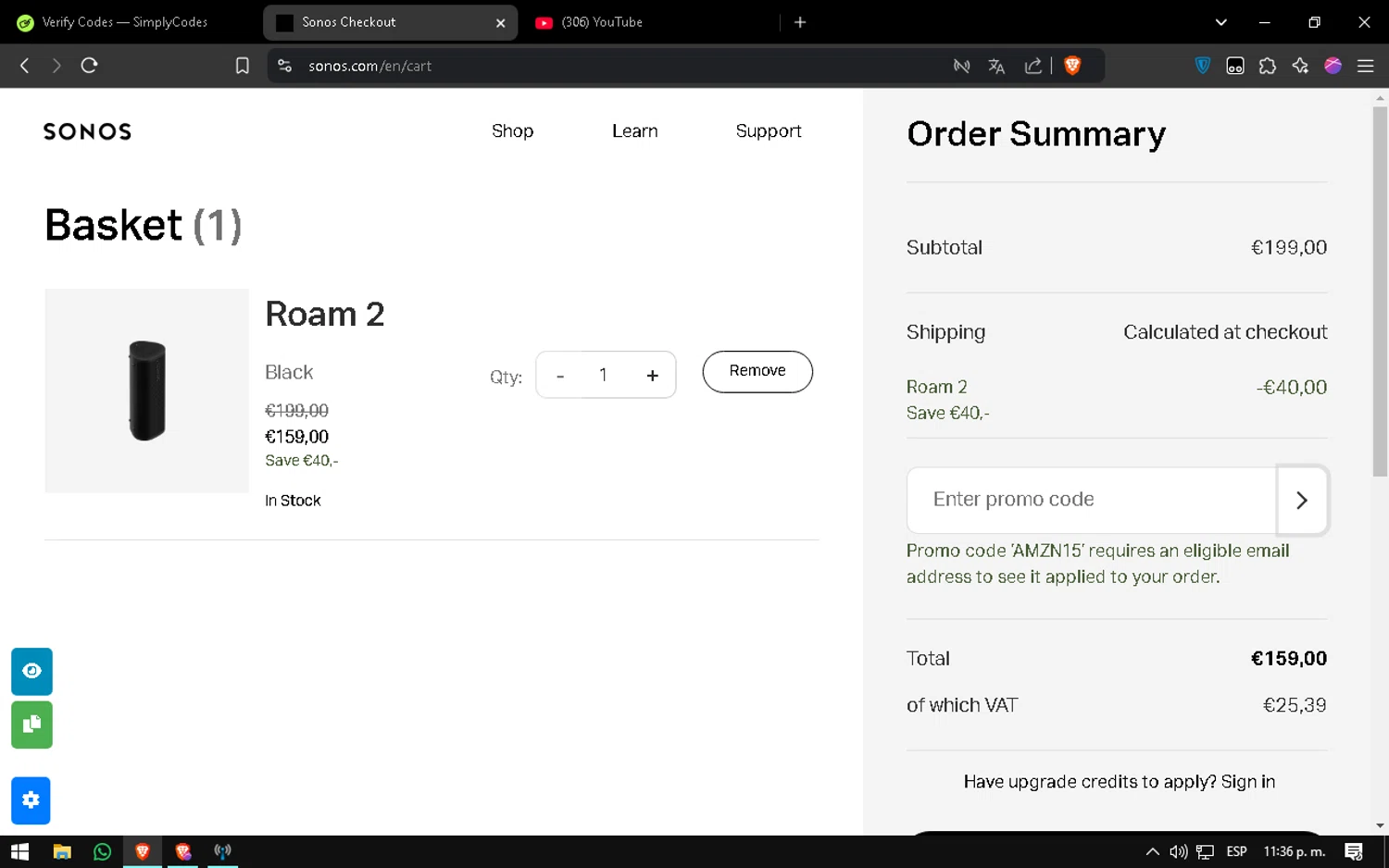 Sonos checkout page showing Sonos coupon code box | Screenshot taken by SimplyCodes community member on Nov 24, 2024