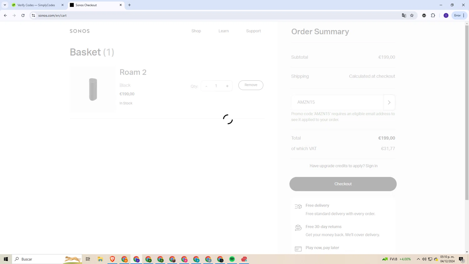 Sonos checkout page showing Sonos coupon code box | Screenshot taken by SimplyCodes community member on Dec 4, 2024