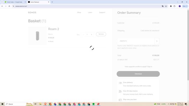 Sonos checkout page showing Sonos coupon code box | Screenshot taken by SimplyCodes community member on Dec 4, 2024
