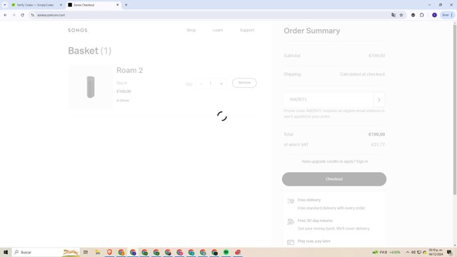 Sonos checkout page showing Sonos coupon code box | Screenshot taken by SimplyCodes community member on Dec 4, 2024