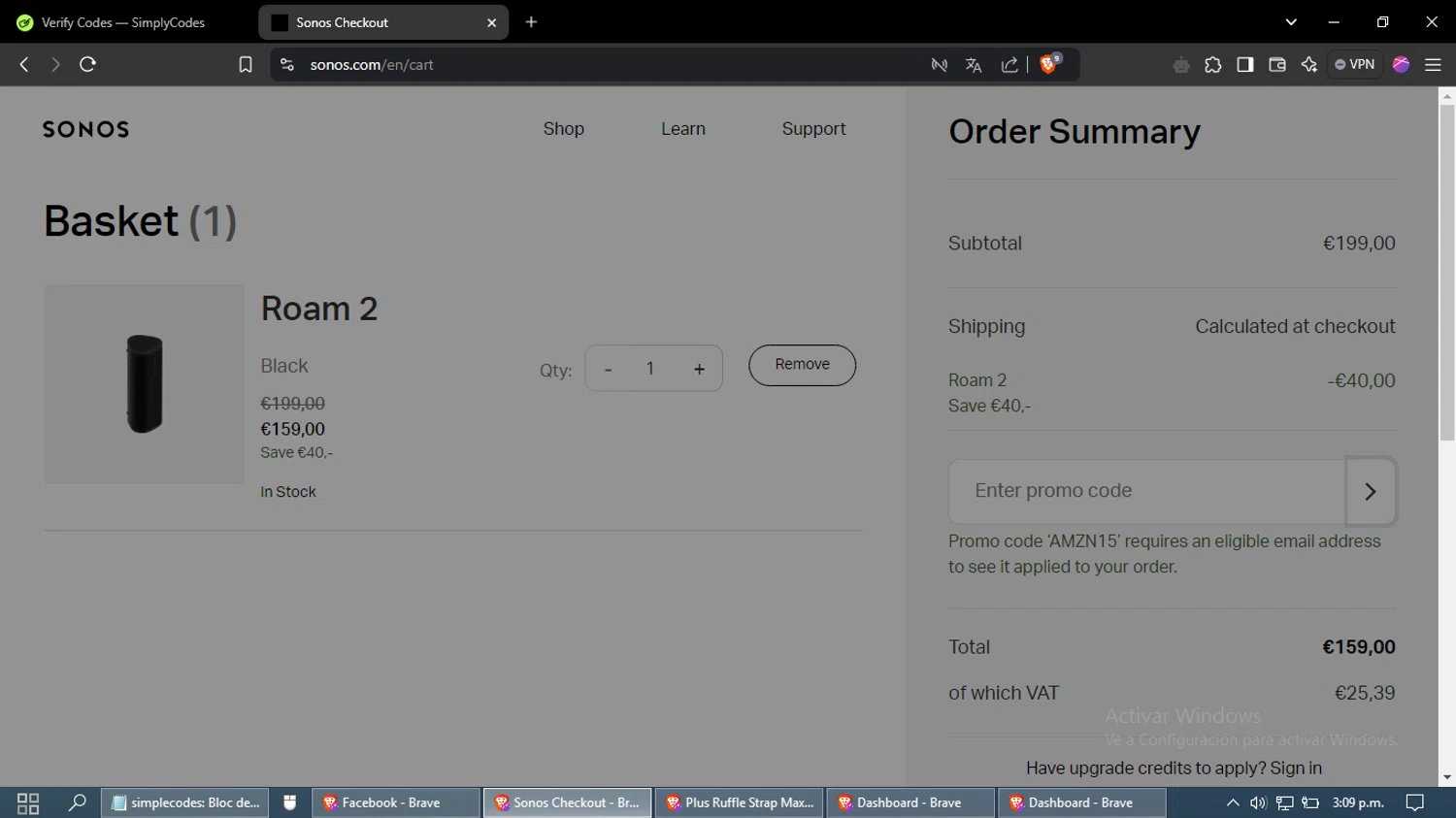 Sonos checkout page showing Sonos coupon code box | Screenshot taken by SimplyCodes community member on Nov 27, 2024