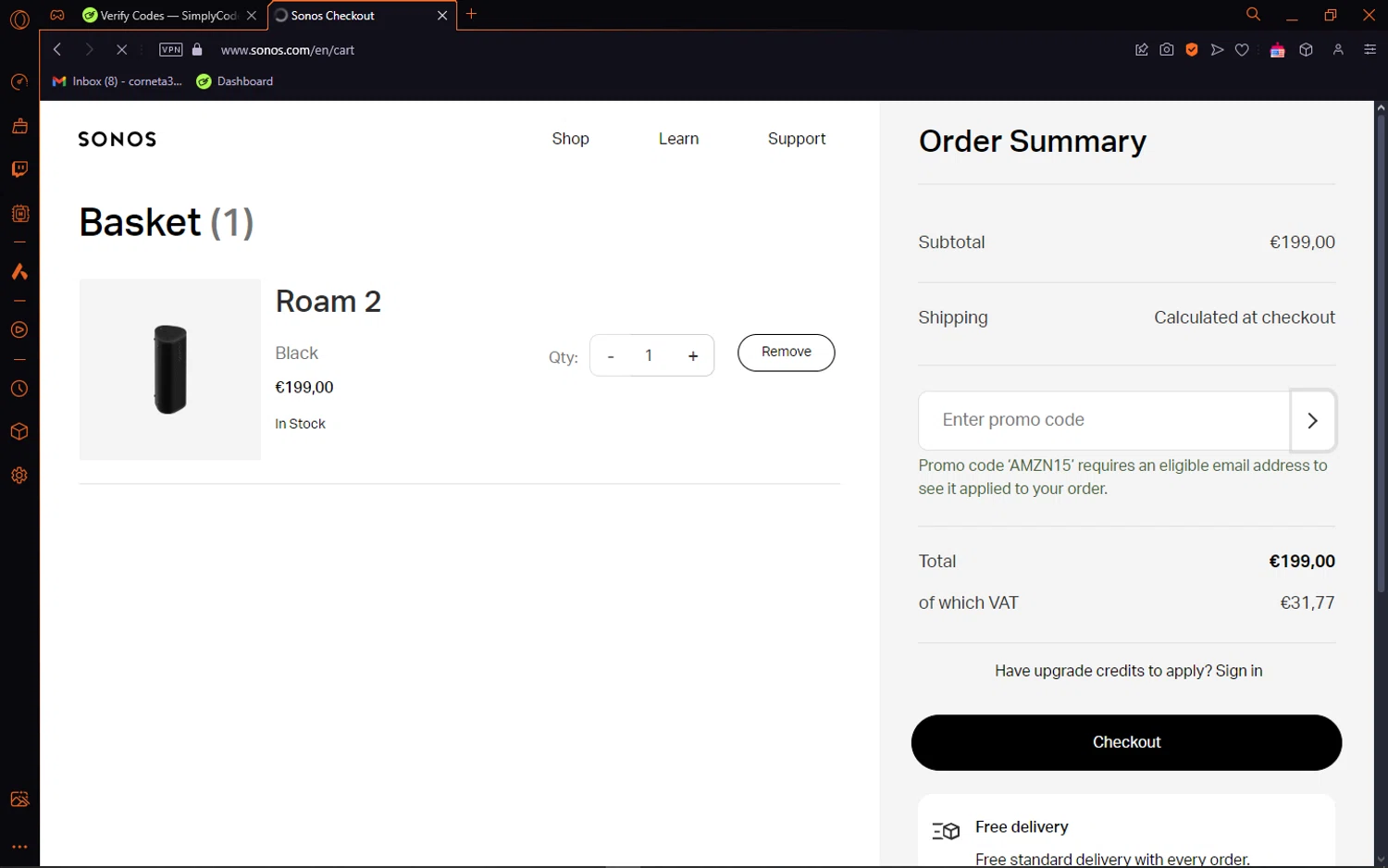 Sonos checkout page showing Sonos coupon code box | Screenshot taken by SimplyCodes community member on Nov 21, 2024