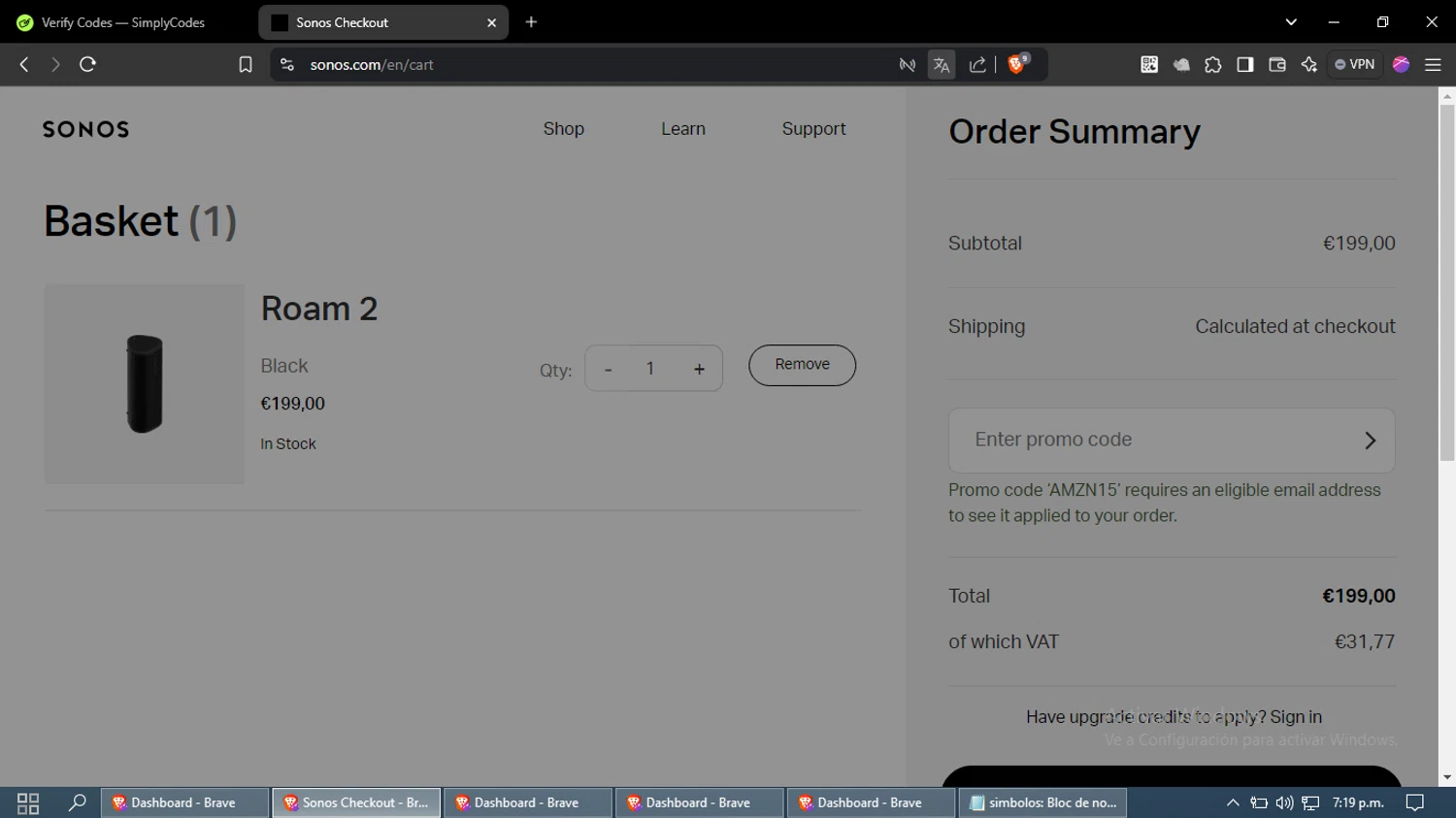 Sonos checkout page showing Sonos coupon code box | Screenshot taken by SimplyCodes community member on Nov 17, 2024