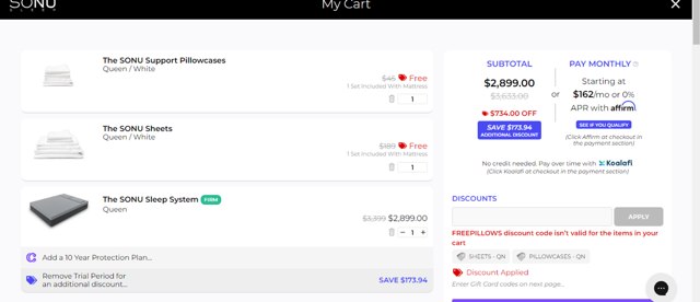 SONU Sleep checkout page showing SONU Sleep promo code box | Screenshot taken by SimplyCodes community member on Apr 1, 2024