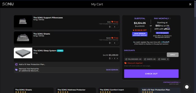 SONU Sleep checkout page showing SONU Sleep promo code box | Screenshot taken by SimplyCodes community member on Jun 24, 2024