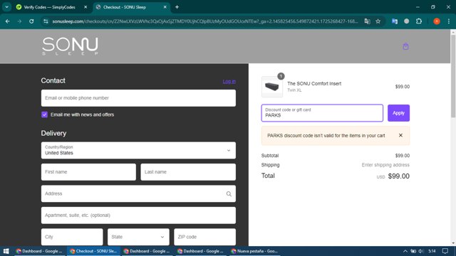 SONU Sleep checkout page showing SONU Sleep promo code box | Screenshot taken by SimplyCodes community member on Sep 2, 2024
