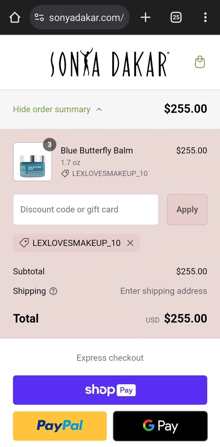 Sonya Dakar checkout page showing Sonya Dakar promo code box | Screenshot taken by SimplyCodes community member on Nov 6, 2024