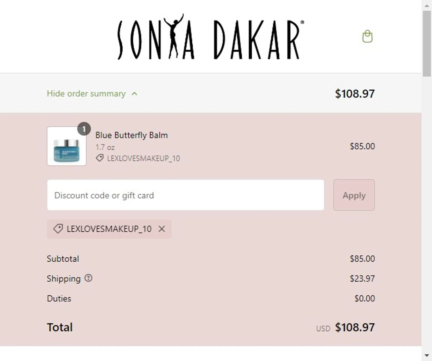 Sonya Dakar checkout page showing Sonya Dakar promo code box | Screenshot taken by SimplyCodes community member on Oct 8, 2024