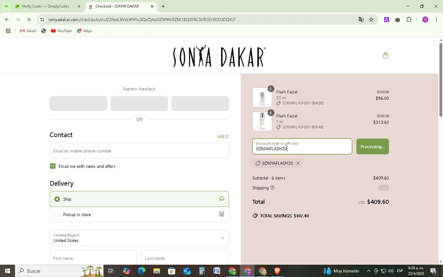 Sonya Dakar checkout page showing Sonya Dakar promo code box | Screenshot taken by SimplyCodes community member on May 22, 2025