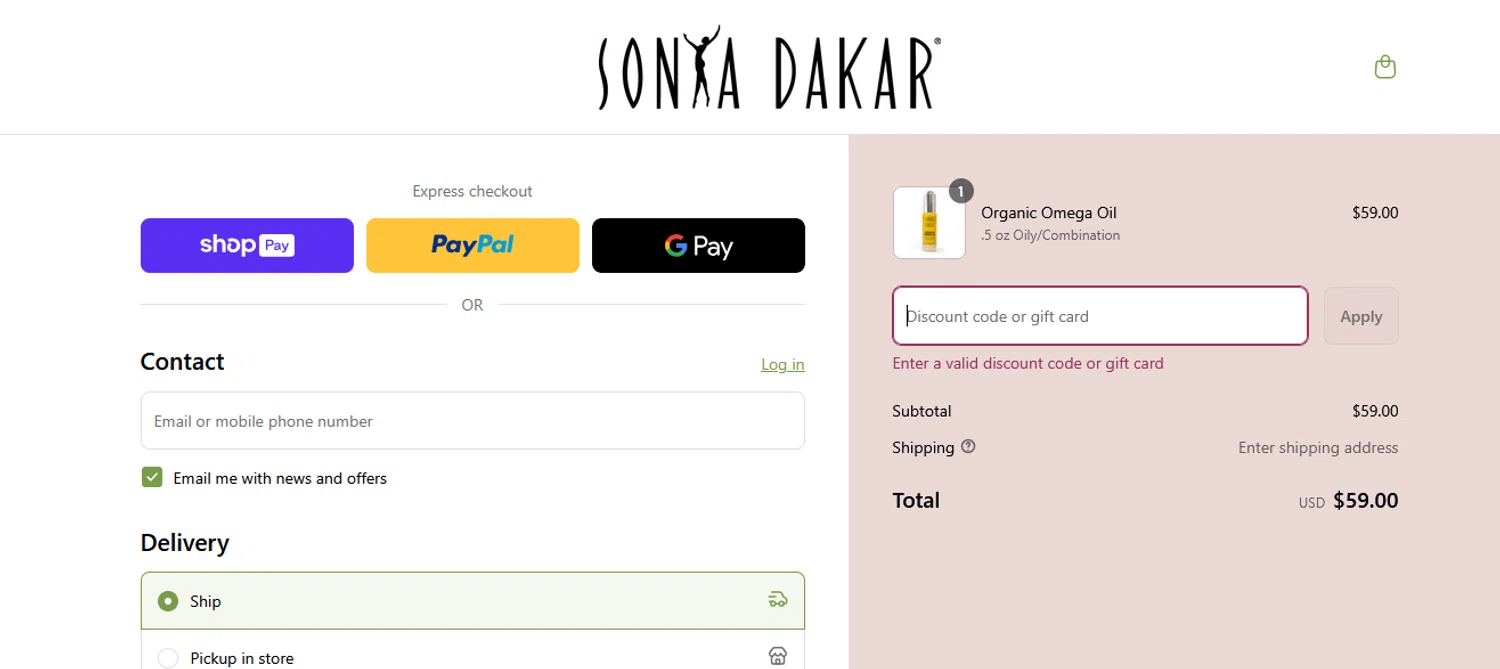 Sonya Dakar promo code screenshot showing code SONYAFLASH20 applied at Sonya Dakar checkout page. Uploaded by SimplyCodes community member SILVERLUGIA on Jun 5, 2025