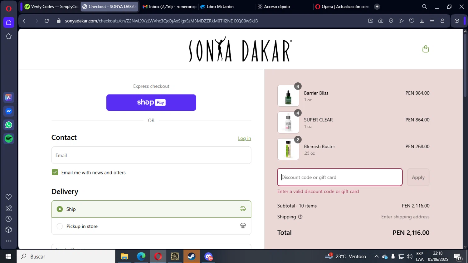 Sonya Dakar promo code screenshot showing code SONYAFLASH20 applied at Sonya Dakar checkout page. Uploaded by SimplyCodes community member LegendaryEagle421 on Jun 6, 2025