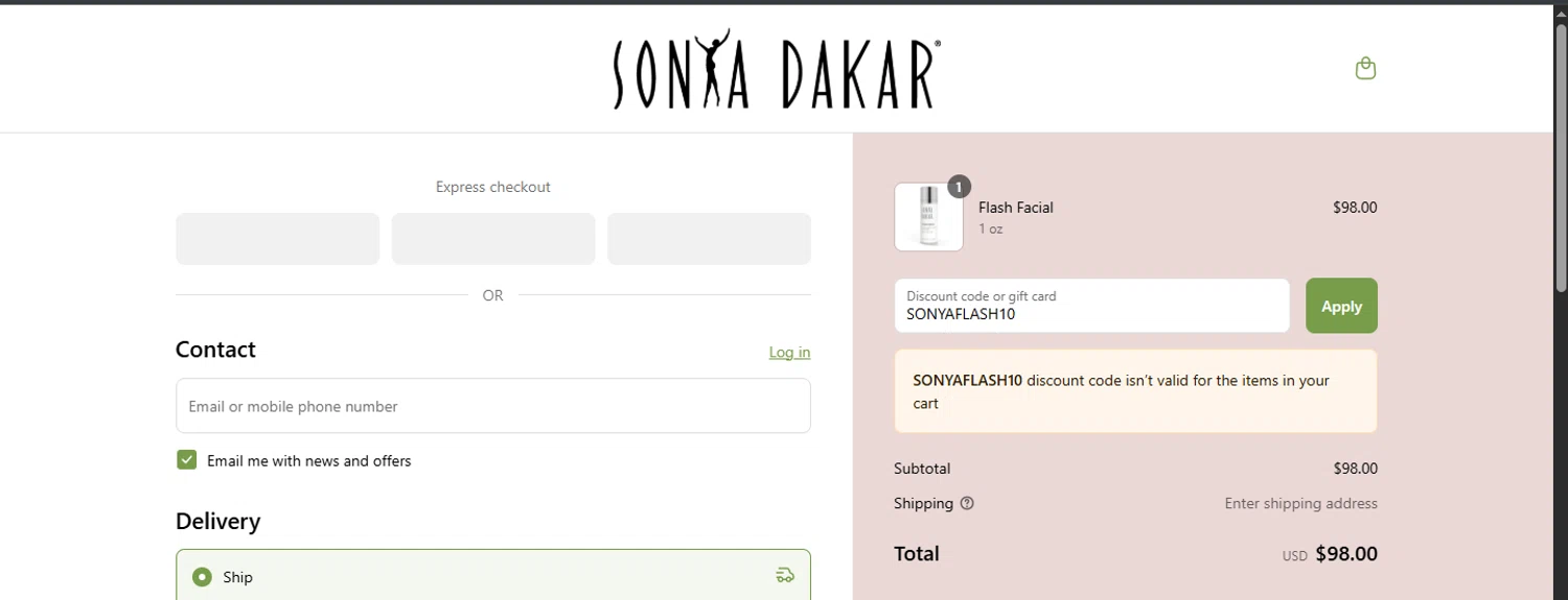 Sonya Dakar checkout page showing Sonya Dakar promo code box | Screenshot taken by SimplyCodes community member on May 22, 2025