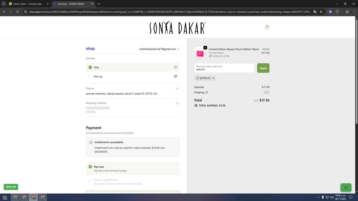 Sonya Dakar checkout page showing Sonya Dakar promo code box | Screenshot taken by SimplyCodes community member on Nov 28, 2025