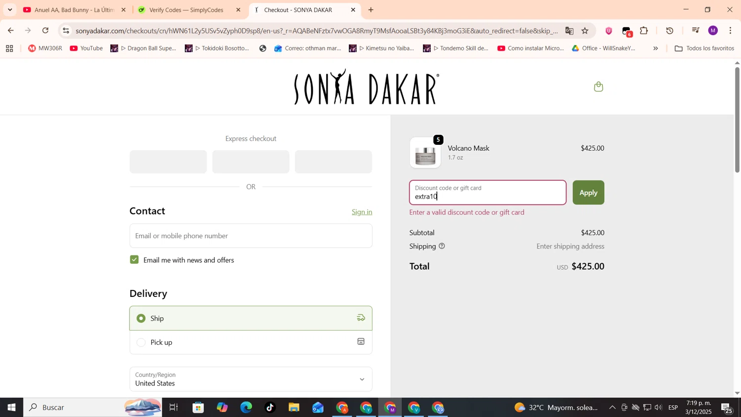 Sonya Dakar promo code screenshot showing code extra10 applied at Sonya Dakar checkout page. Uploaded by SimplyCodes community member cod_gakpo on Dec 3, 2025