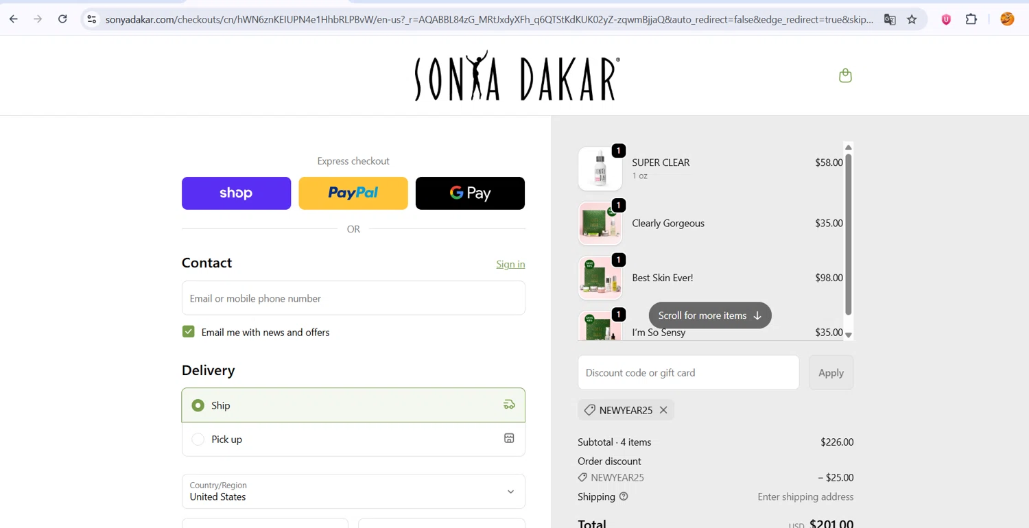 Sonya Dakar promo code screenshot showing code NEWYEAR25 applied at Sonya Dakar checkout page. Uploaded by SimplyCodes community member ingri96 on Dec 29, 2025