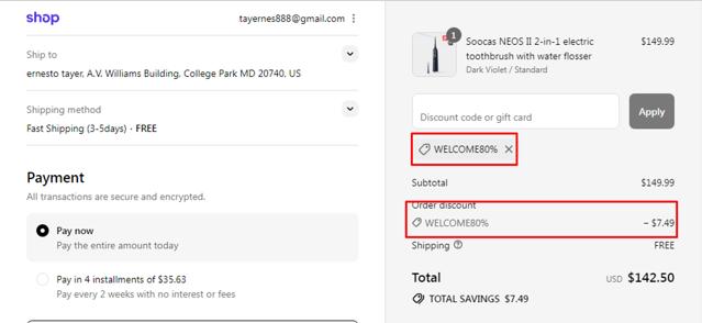 Soocas checkout page showing Soocas discount code box | Screenshot taken by SimplyCodes community member on Sep 12, 2025